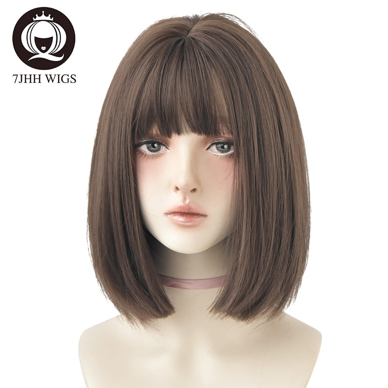 WIGS Black Short Bob Wig for Girl Daily Wear Synthetic Wig Natural Supple Summer Heat resistant Wig With Bangs