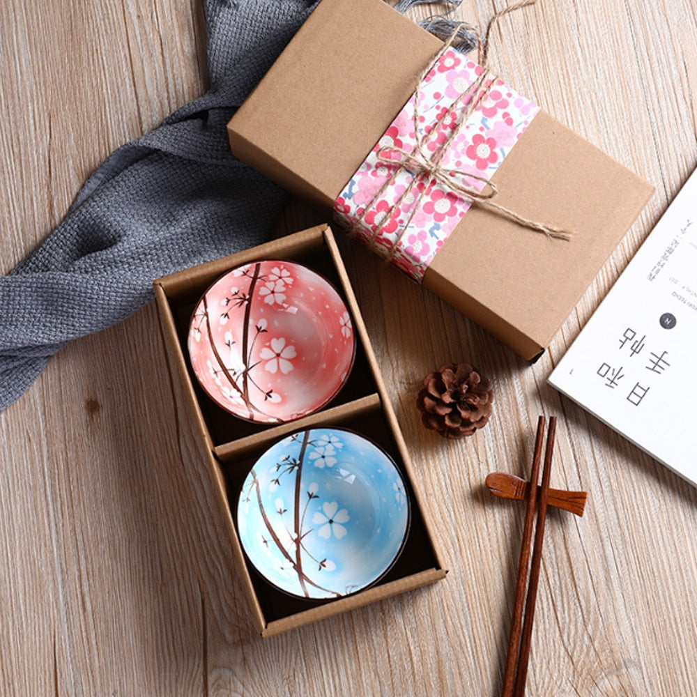 Set of 2 Or 4 Japanese Traditional Ceramic Dinner Bowls 4.5inch 300ml Porcelain Rice Bowls with Gift Box Dinnerware Set  Gift