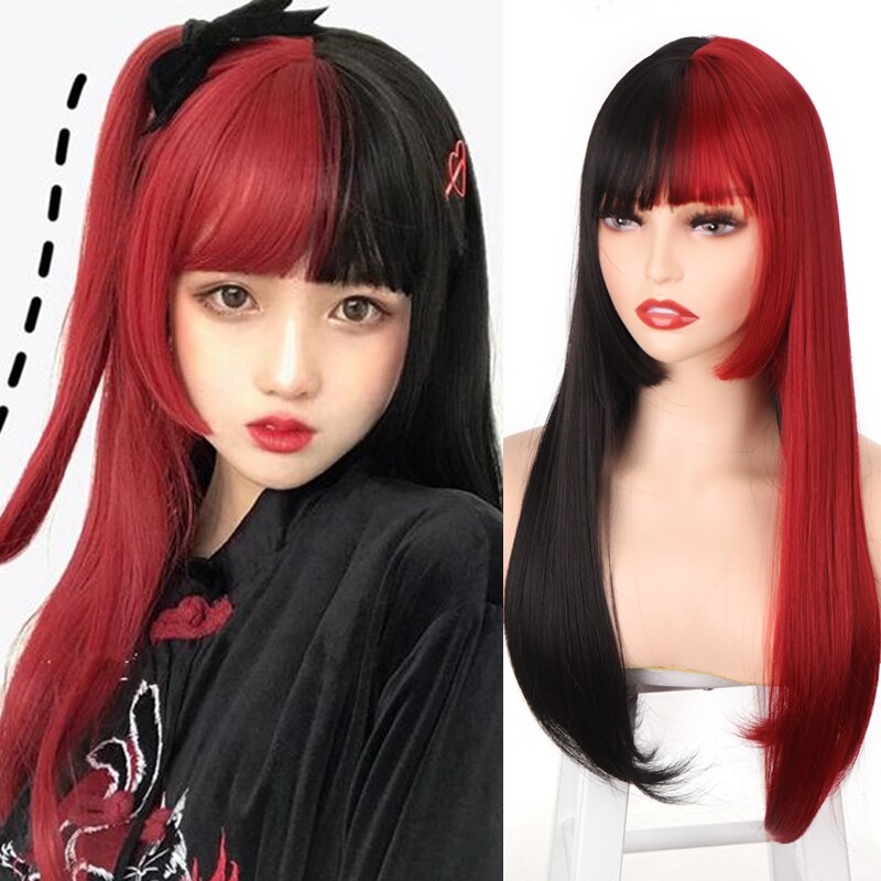Synthetic Hair Black and Pink Wig Long Straight Hair Cosplay Lolita Wig Two Tone Ombre Color Women Heat Resistant Wigs