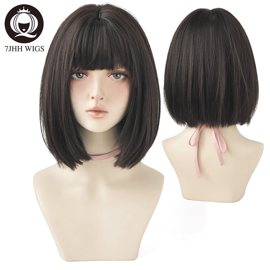 WIGS Black Short Bob Wig for Girl Daily Wear Synthetic Wig Natural Supple Summer Heat resistant Wig With Bangs