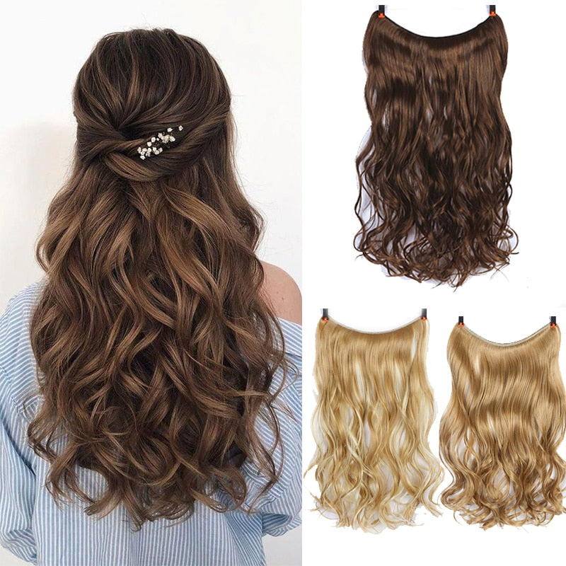 Synthetic 24inch Invisible Hair Wire Without No Clip Hair Extension Fishing Line Wig Wavy Hair Female False Hair Piece