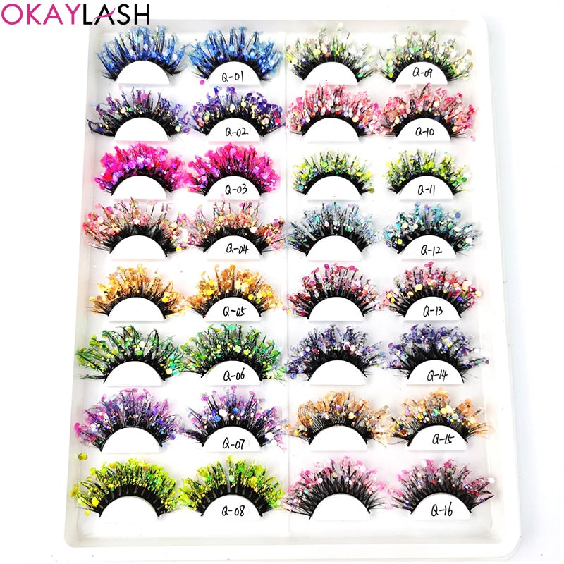 Colored Shining Gold Glitter Eyelashes Handmade Dramatic Purple Colorful Rainbow Lashes For Party Show Halloween Cosplay