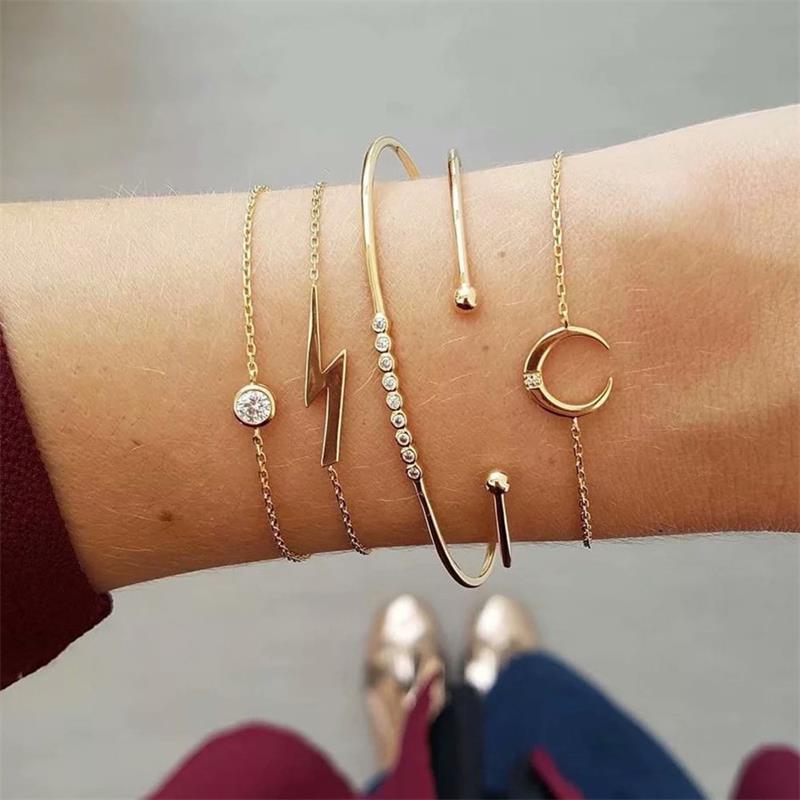 4Pcs/Set Geometric Crystal Charm Bracelets for Women Leaf Bangles Bracelets Set Wrist Chain Boho Bracelet