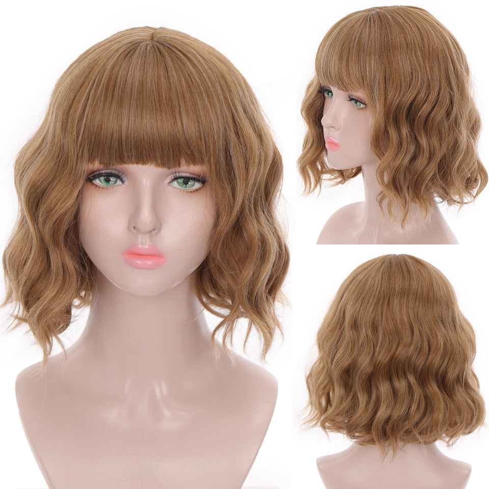 Synthetic Wigs For Women Daily Cosplay Long Water Wave  Lolita Wig With Bangs Cold Brown Heat Resistant Hair Bob Wig