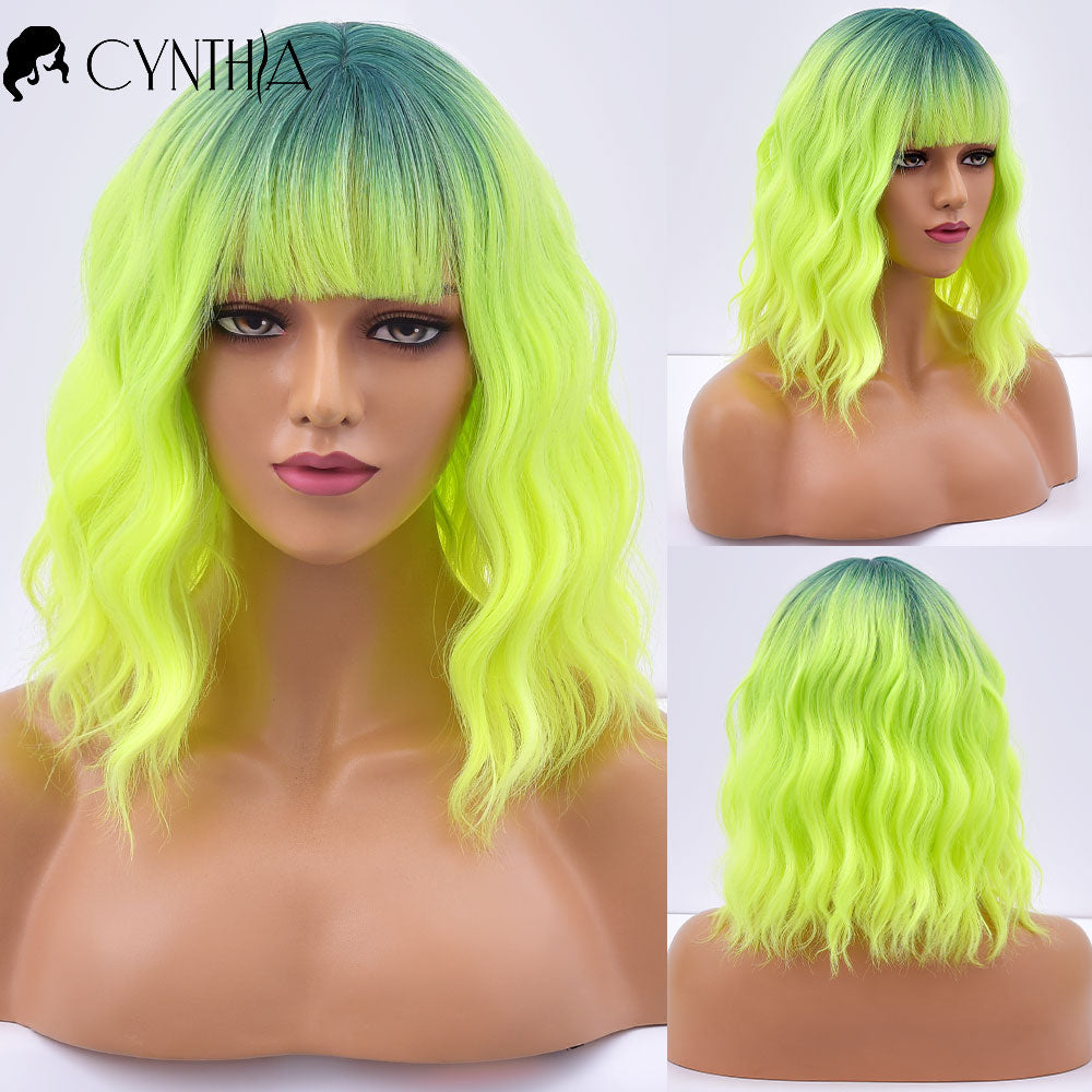 Purple Ombre Short Bob Body Wave Synthetic Wigs For Women Cosplay Wig With Bangs White Synthet Natural Hair Lolita Pelucas
