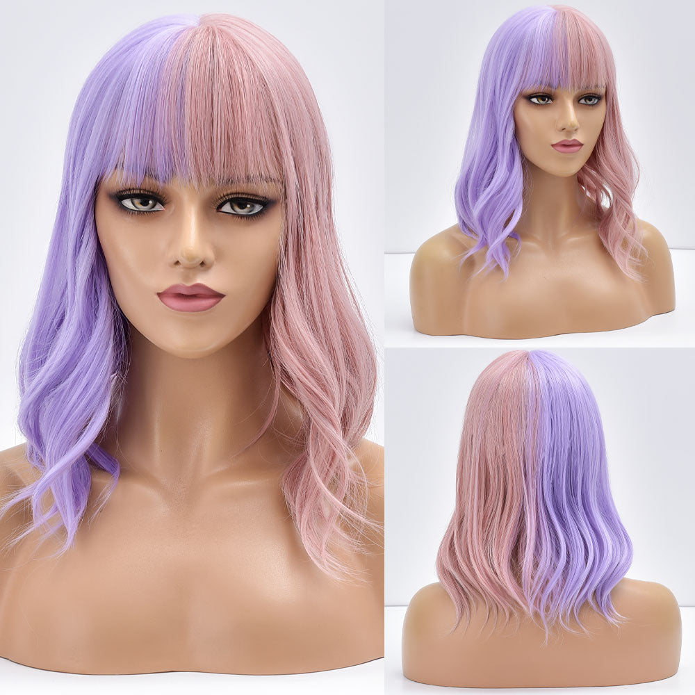 Purple Ombre Short Bob Body Wave Synthetic Wigs For Women Cosplay Wig With Bangs White Synthet Natural Hair Lolita Pelucas