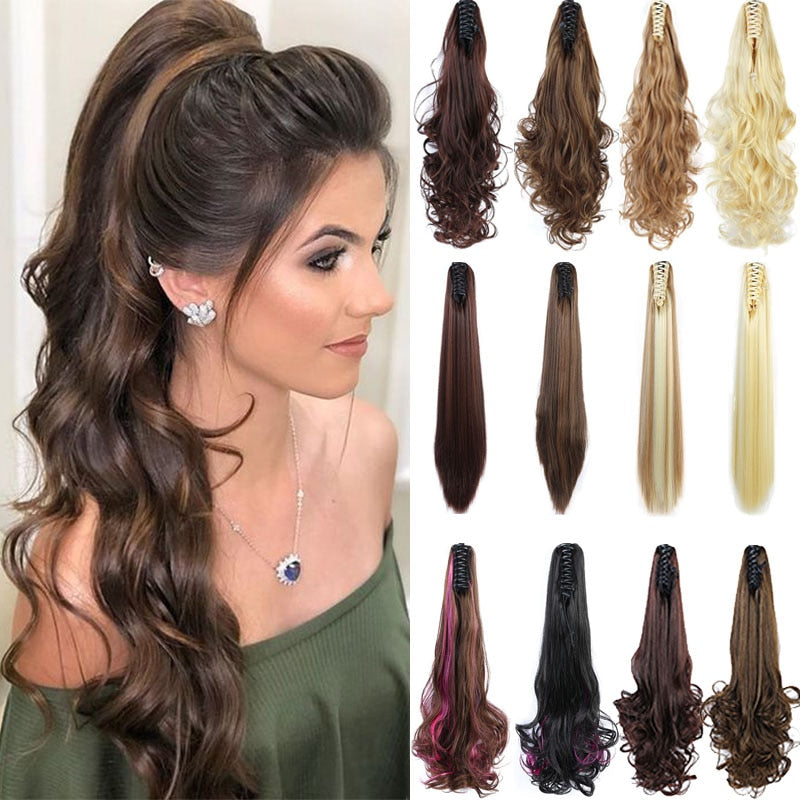 Synthetic 24inch Claw Clip Ponytail Extension Wavy Ponytail Long Straight Hair Ponytail Extension Clip Type Woman Wig