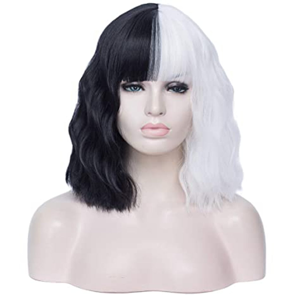 Cruella Deville Women Kuila Black and White Wig with Bangs Short Wave Curly Synthetic Hair Wig Party Cosplay Halloween Wig