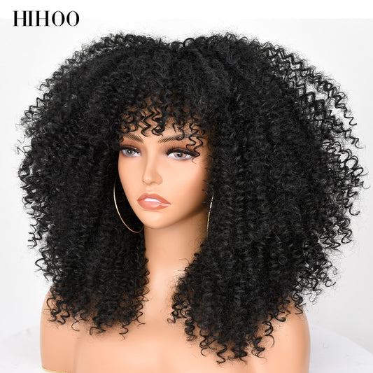 Short Hair Kinky Curly Wig With Bangs Cosplay Lolita Synthetic Natural Glueless Brown Mixed Blonde Wigs