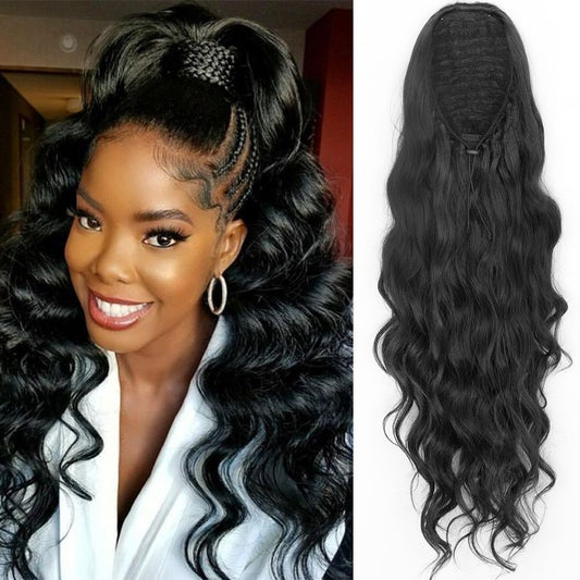 Synthetic Ponytail Extension Long Black Drawstring Wavy Ponytail Hair for Women Body Wavy Ponytail