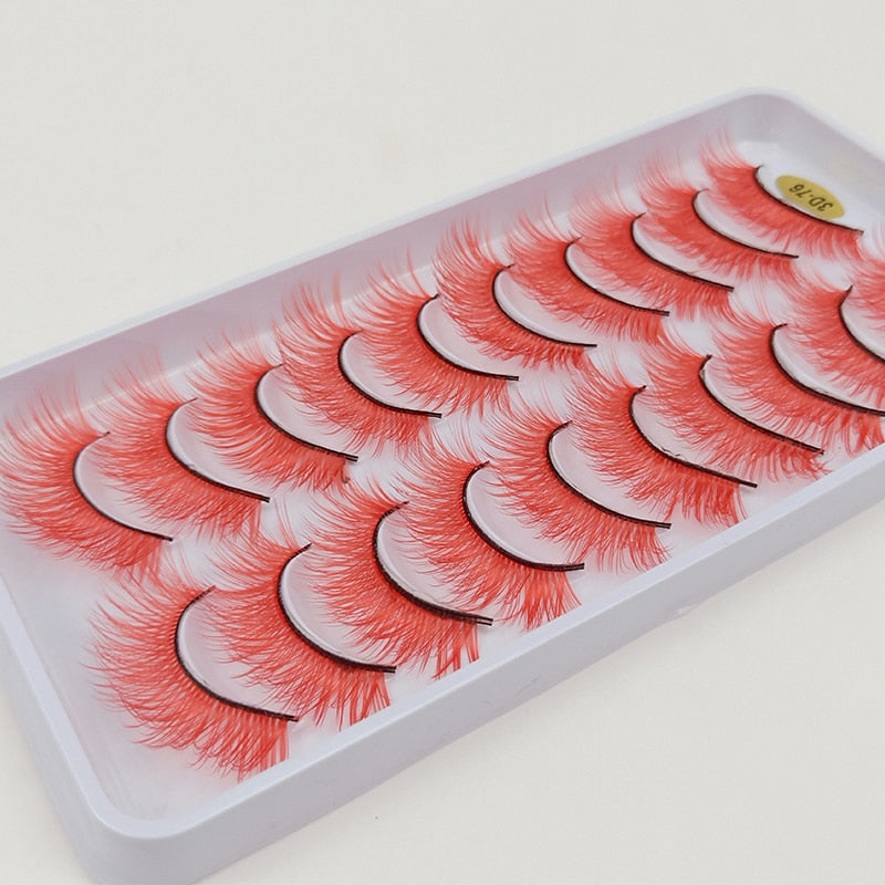 10Pairs Red Blue Brown White 3D Colored False Eyelashes Vegan Silk Makeup Rainbow Cilias Colorful Fake Lashes