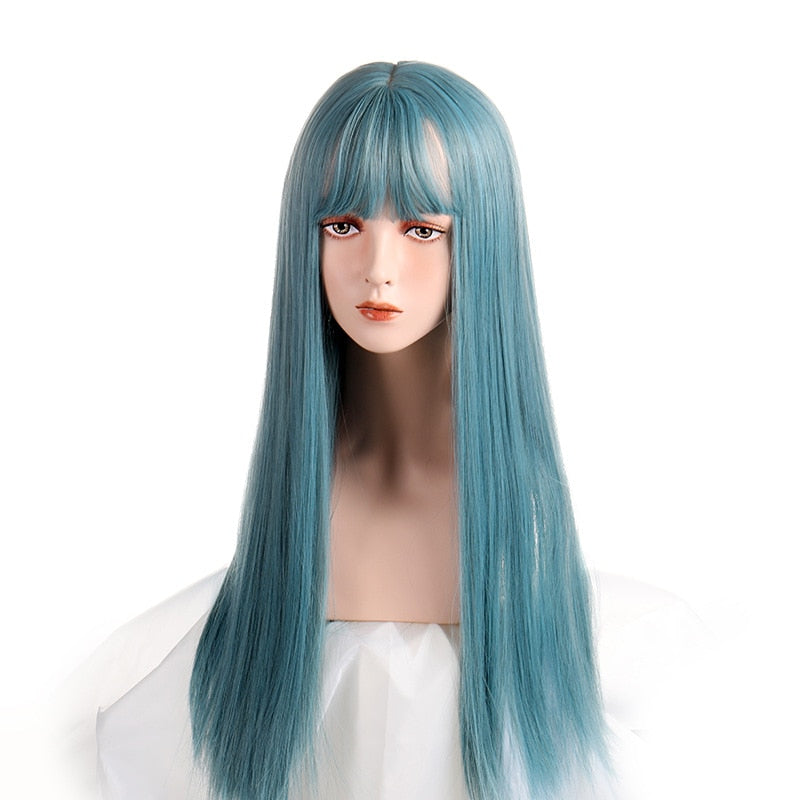 Cosplay Wig With Bangs Synthetic Straight Hair 24 Inch Long Heat-Resistant Pink Wig