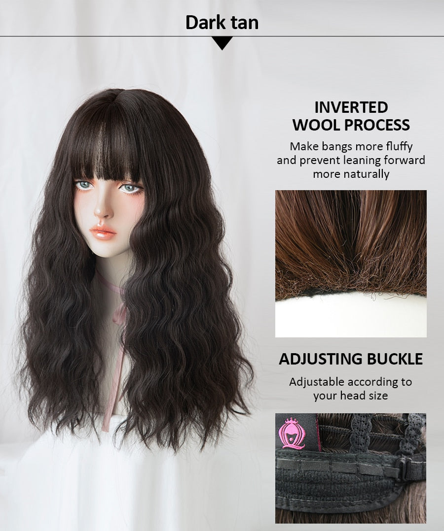 Blue Deep Wave Wig With Bangs Long Omber Brown Hair Layered Heat Resistant Cosplay Party Synthetic Wig