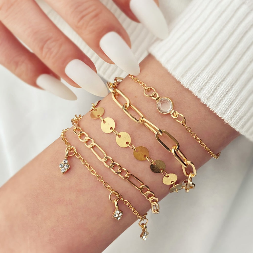 4Pcs/Set Geometric Crystal Charm Bracelets for Women Leaf Bangles Bracelets Set Wrist Chain Boho Bracelet