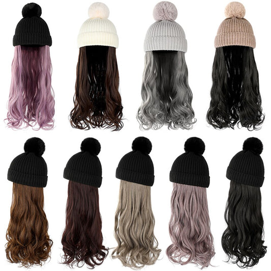 Ladies Fashion Long Curly Big Wave Wool Hat Wig Autumn And Winter Detachable All-in-one Black Brown Gray Wig With Hat