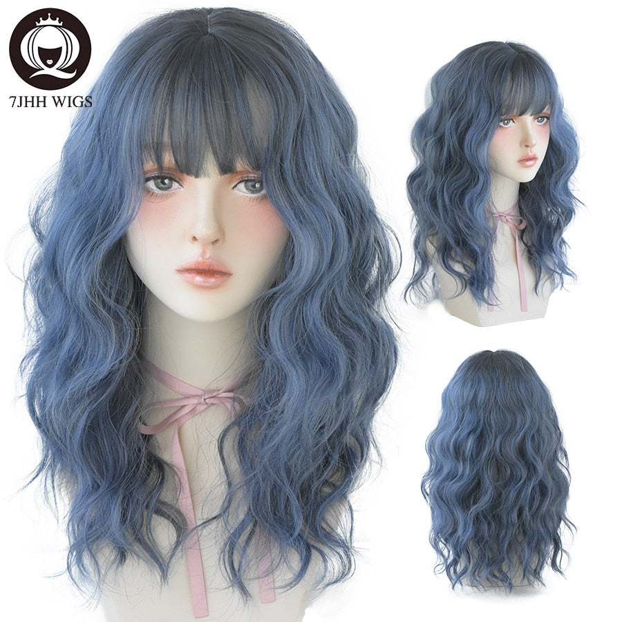 Blue Deep Wave Wig With Bangs Long Omber Brown Hair Layered Heat Resistant Cosplay Party Synthetic Wig
