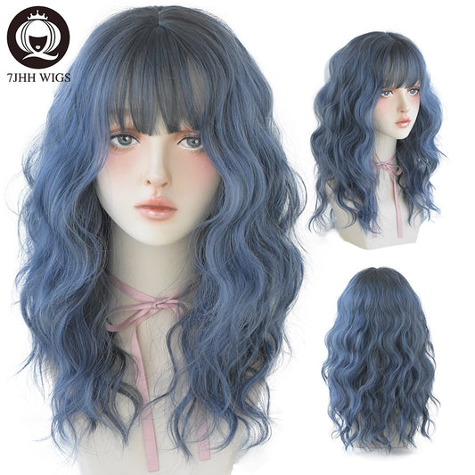 Blue Deep Wave Wig With Bangs Long Omber Brown Hair Layered Heat Resistant Cosplay Party Synthetic Wig