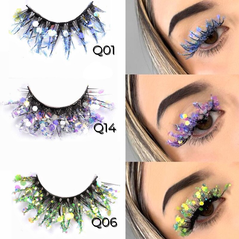 3 Pair Colored Shining Gold Glitter Eyelashes Handmade Dramatic Purple Colorful Rainbow Lashes For Party Show Halloween Cosplay