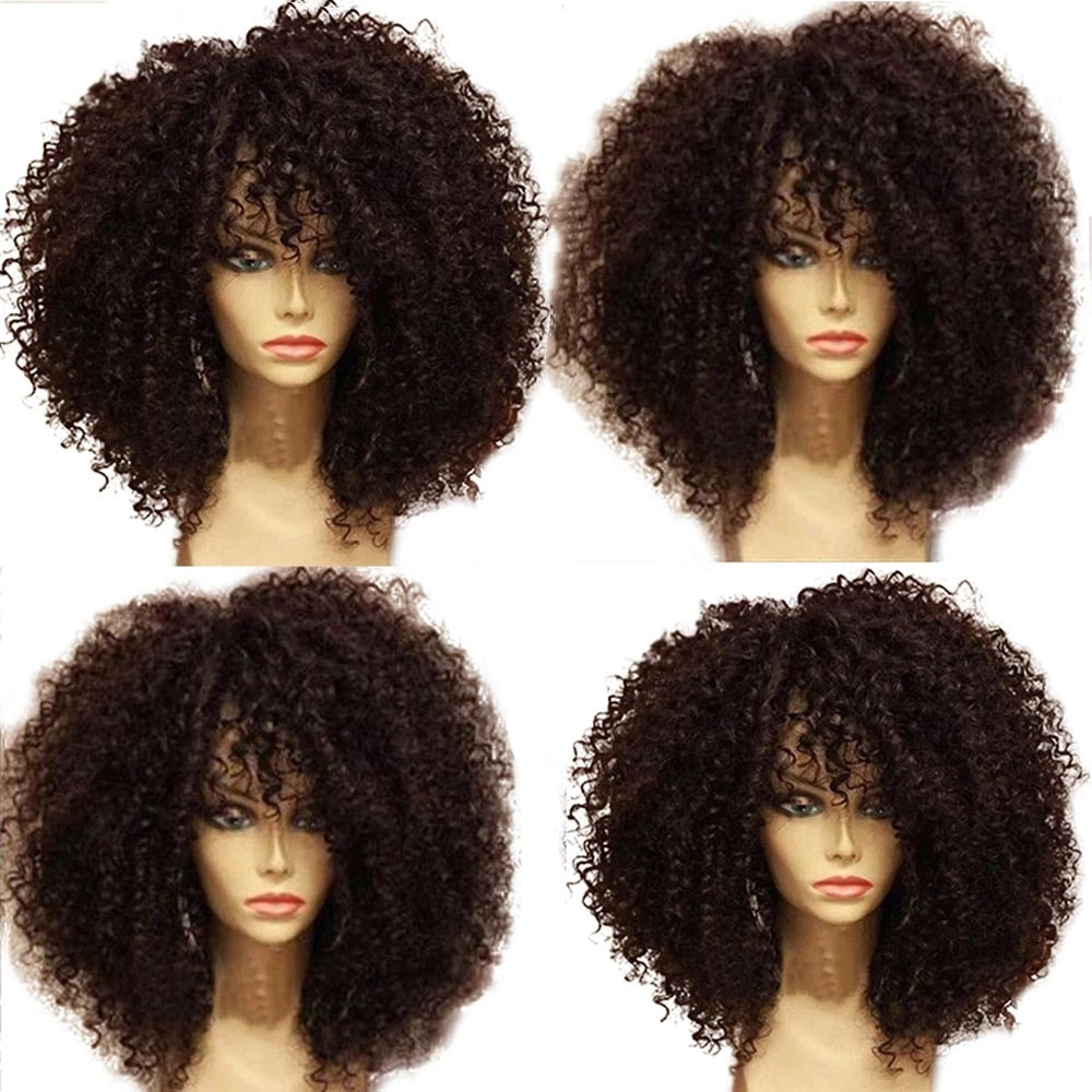Afro Curly Human Hair Wigs With Bangs Full Machine Made Wig Brazilian Remy Hair Fringe Wig Natural Black Color