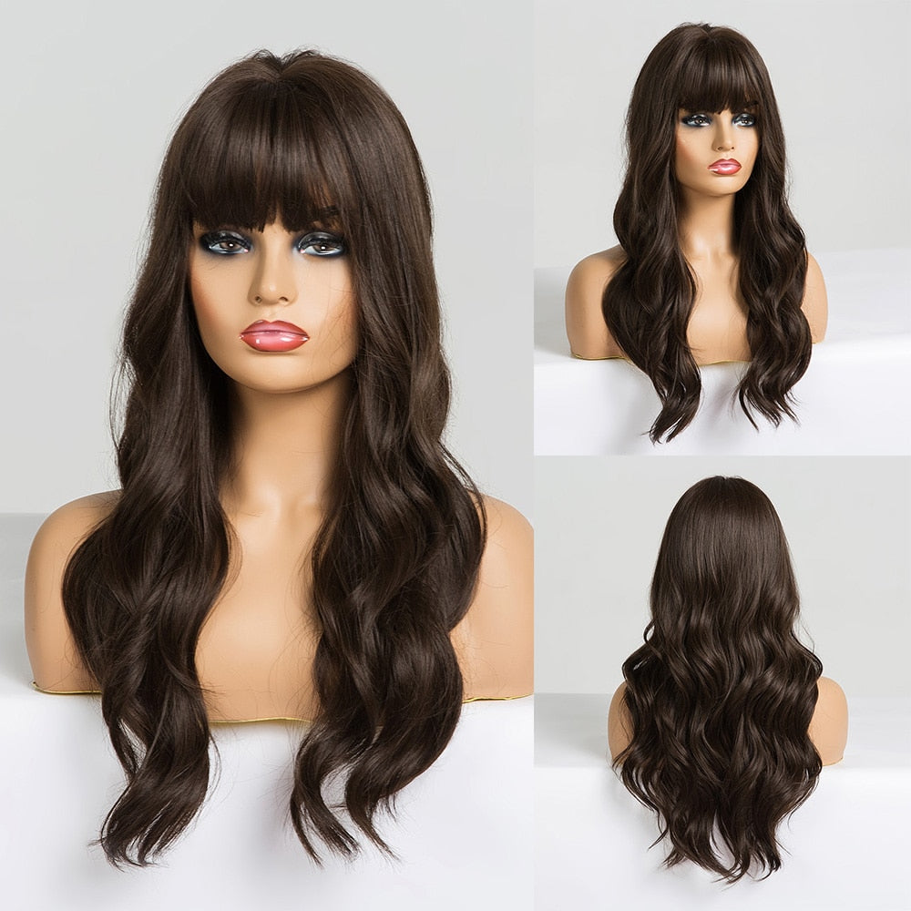 Synthetic Long Wavy Dark Brown Golden Highlight Wig Cosplay Wig with Bangs Heat Resistant