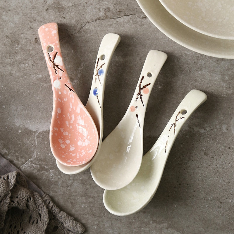 Japanese Ceramic Spoon Handpainting Porcelain Soup Spoon Kitchen Cooking Utensil Tool Tableware