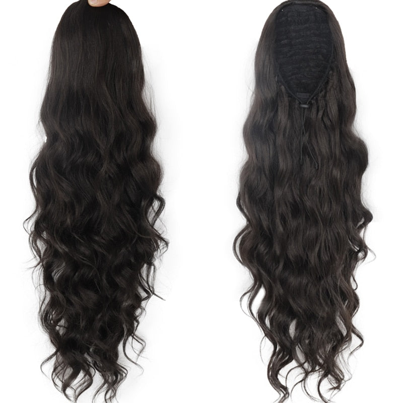 Synthetic Ponytail Extension Long Black Drawstring Wavy Ponytail Hair for Women Body Wavy Ponytail