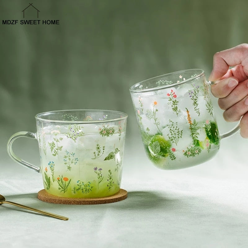 Cartoon Flower Coffee Mug Glass Water Cup Handgrip Milk Breakfast Drinkware Cup