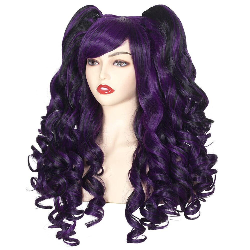 Long Curly Hair Ponytail Lolita Cosplay Lady Synthetic Wig Double Ponytail Detachable Black Gold Pink Purple Gradient Wig