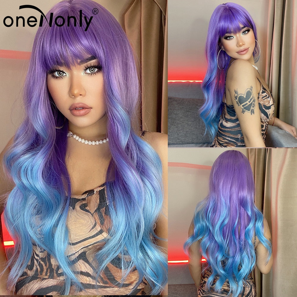 Purple Blue Wig with Bangs Long Wavy Cosplay Lolita Women Wigs Halloween Party High Temperature Hair