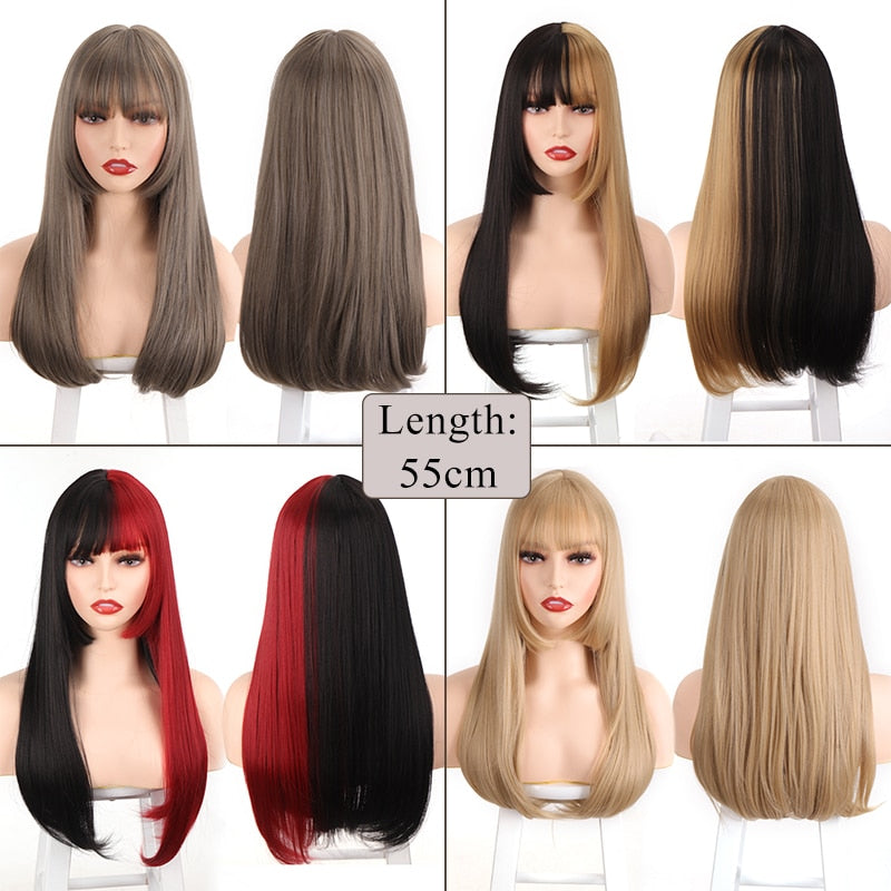 Synthetic Hair Black and Pink Wig Long Straight Hair Cosplay Lolita Wig Two Tone Ombre Color Women Heat Resistant Wigs