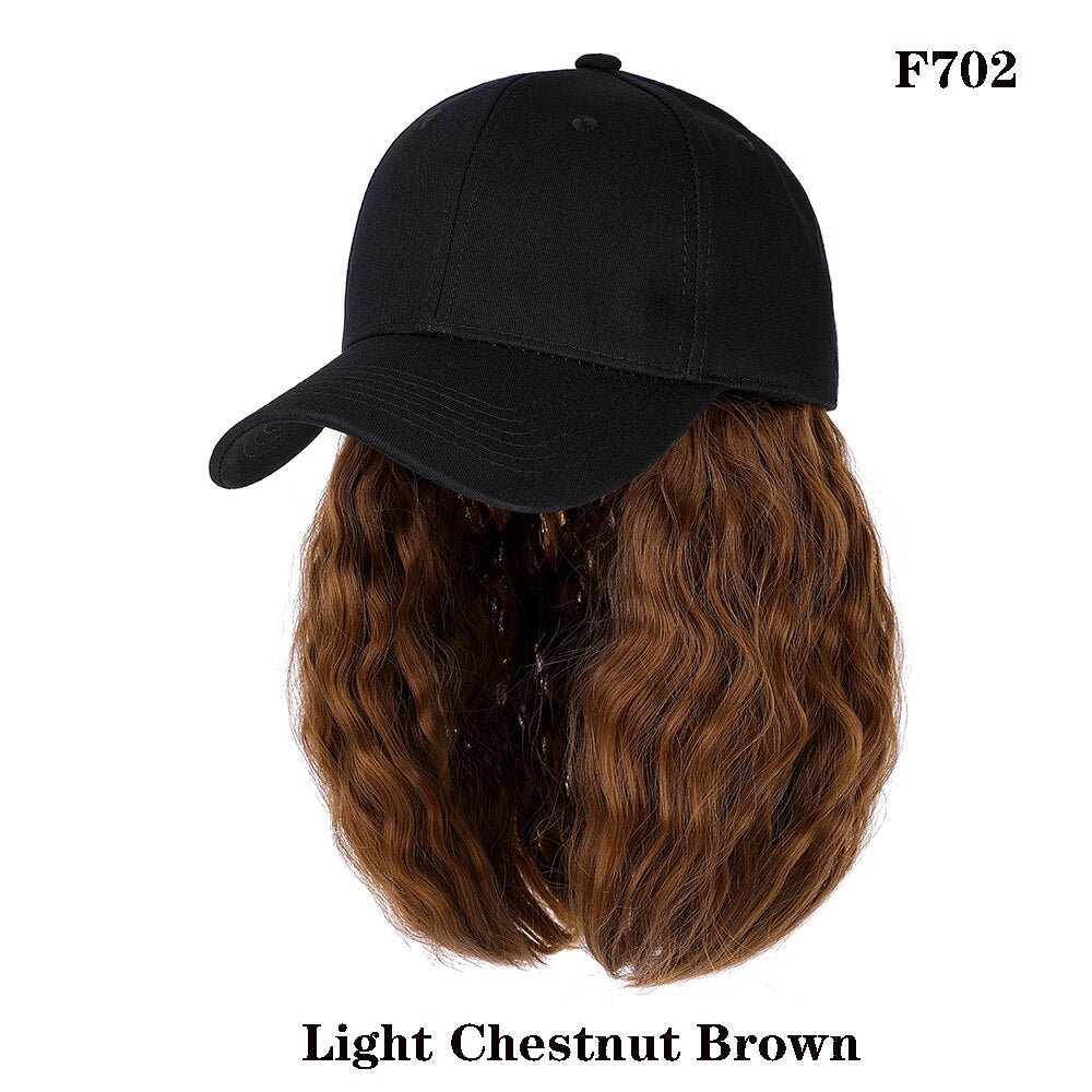 Short Wavy baseball wig Synthetic Natural bob Wig Black hat wigs cap with Hair Naturally Connect Baseball Cap Adjustable