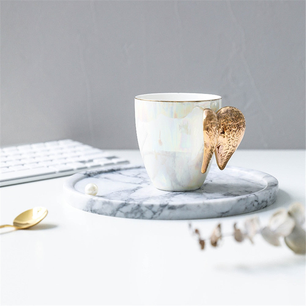 Luxury Ceramic Cup With Angel Wings Handle Gold Plated Creative Cup Coffee Breakfast Milk Drink Tea Mug 1pc