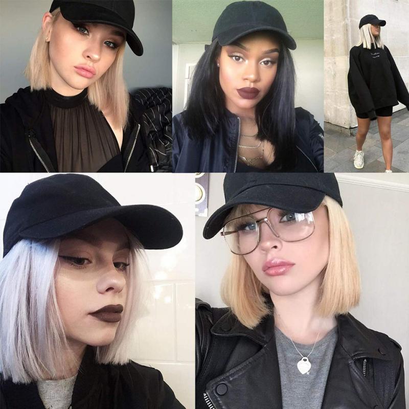 Short Wavy baseball wig Synthetic Natural bob Wig Black hat wigs cap with Hair Naturally Connect Baseball Cap Adjustable