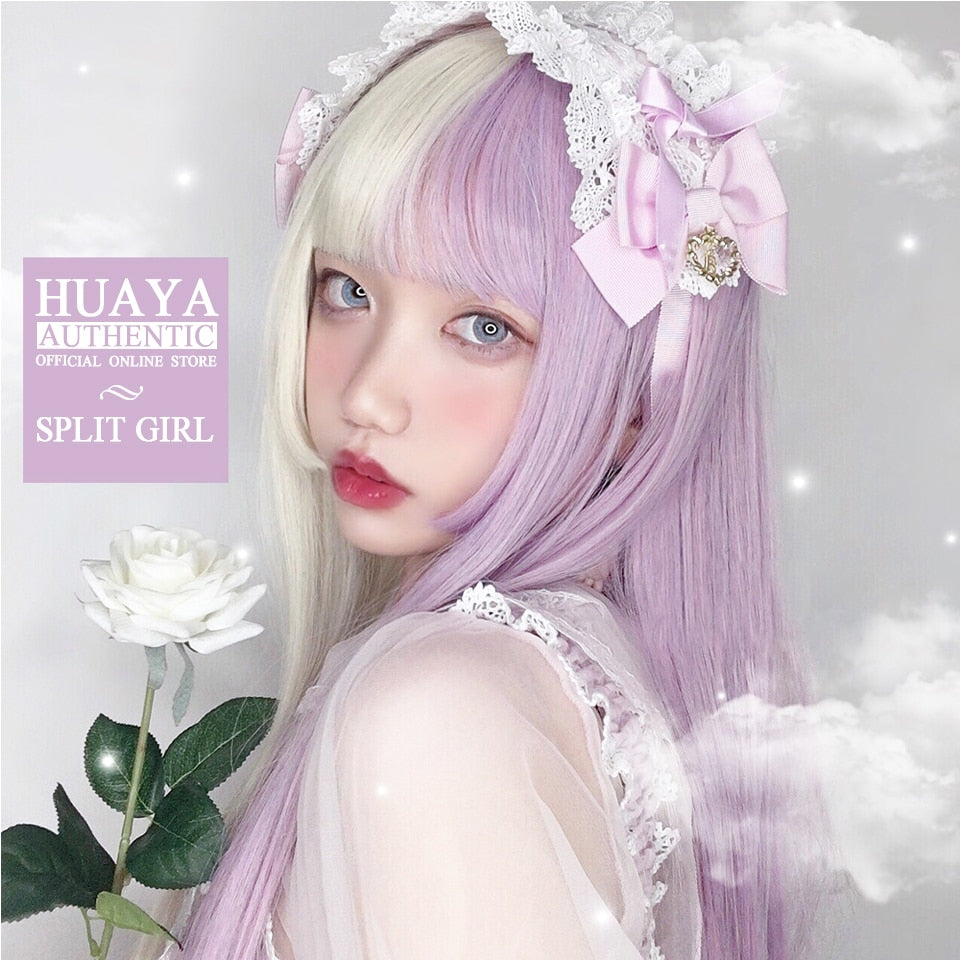 Long Straight Wig with Bangs Purple-White Heat Resistant Synthetic Hair Wigs for African American Girl Lolita Cosplay Wig