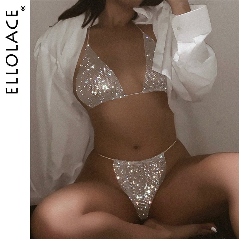 Bling Rhinestones Fishnet Bikini Women Halter Bra Sexy Panty 2 Piece Outfits Lady Lingerie Set Sexy Swimwear Women