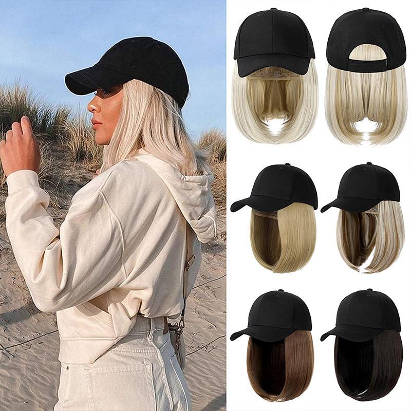 Short Wavy baseball wig Synthetic Natural bob Wig Black hat wigs cap with Hair Naturally Connect Baseball Cap Adjustable