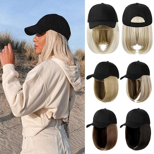 Short Wavy baseball wig Synthetic Natural bob Wig Black hat wigs cap with Hair Naturally Connect Baseball Cap Adjustable