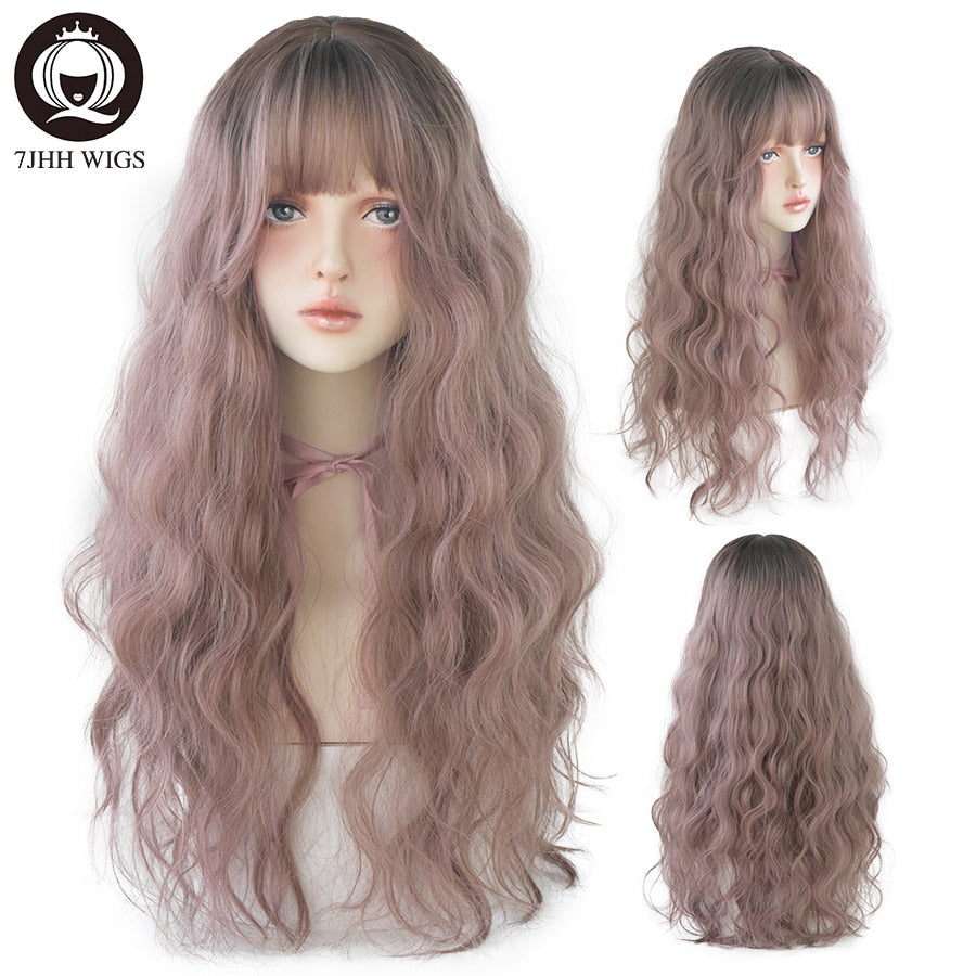 Blue Deep Wave Wig With Bangs Long Omber Brown Hair Layered Heat Resistant Cosplay Party Synthetic Wig