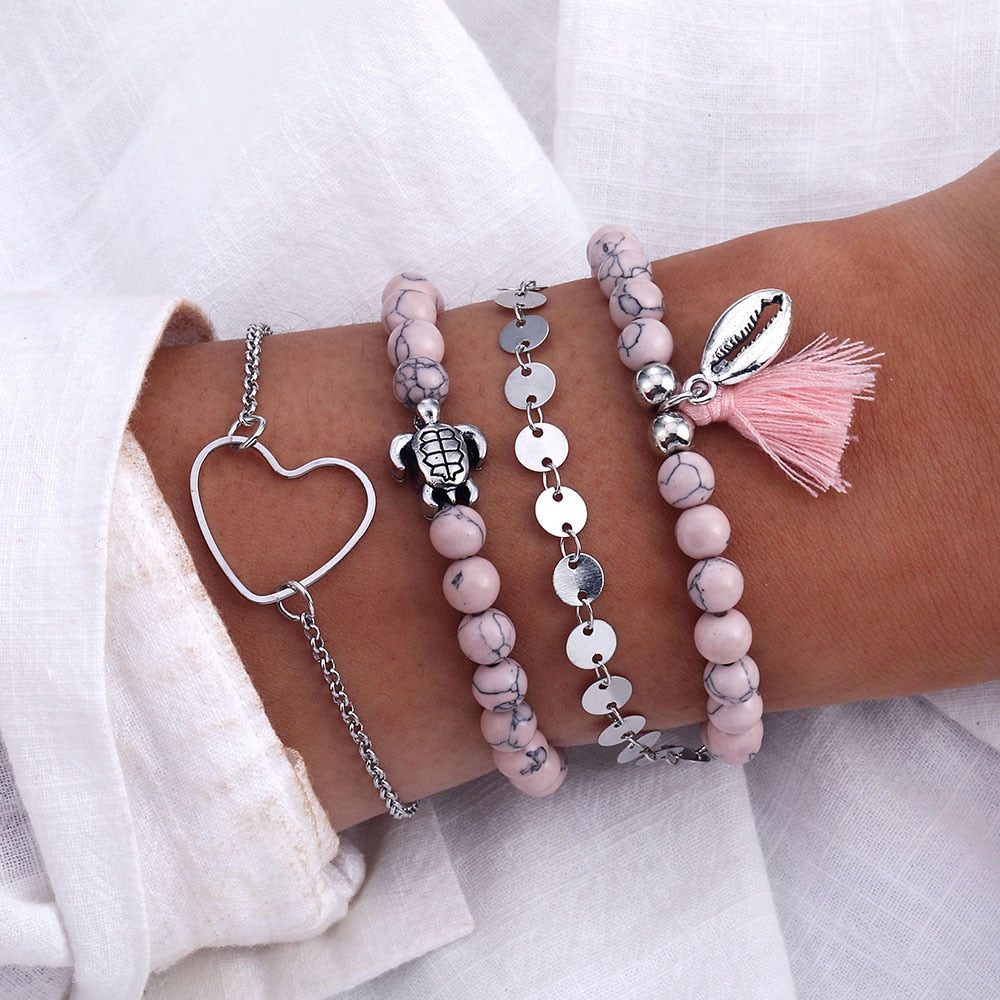 4Pcs/Set Geometric Crystal Charm Bracelets for Women Leaf Bangles Bracelets Set Wrist Chain Boho Bracelet