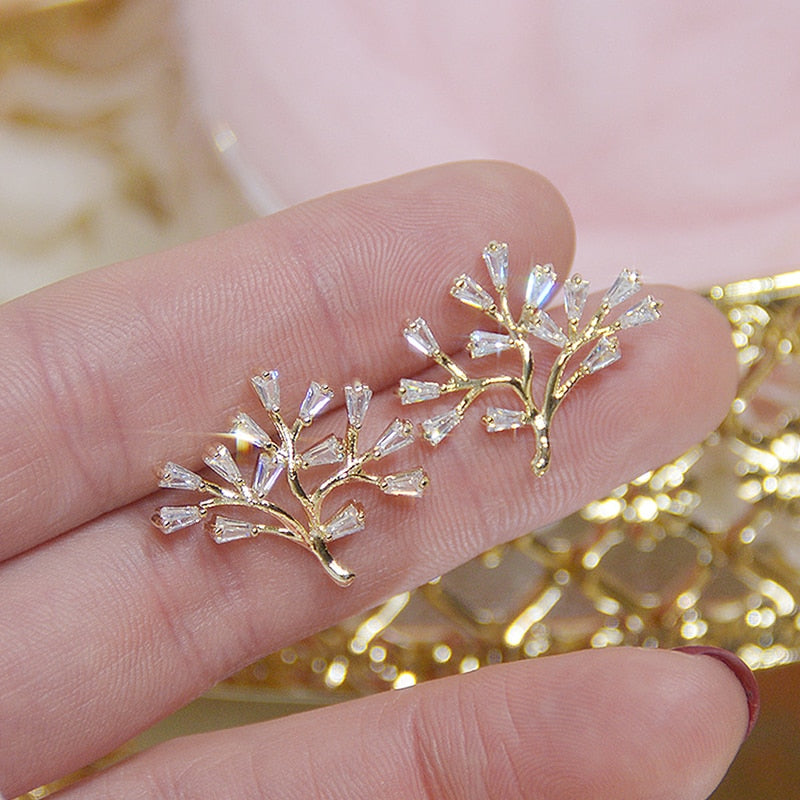 Transparent Crystal Tree Leaf Earring 14K Real Gold AAA Zirconia Stud Earring Bijoux Pendant