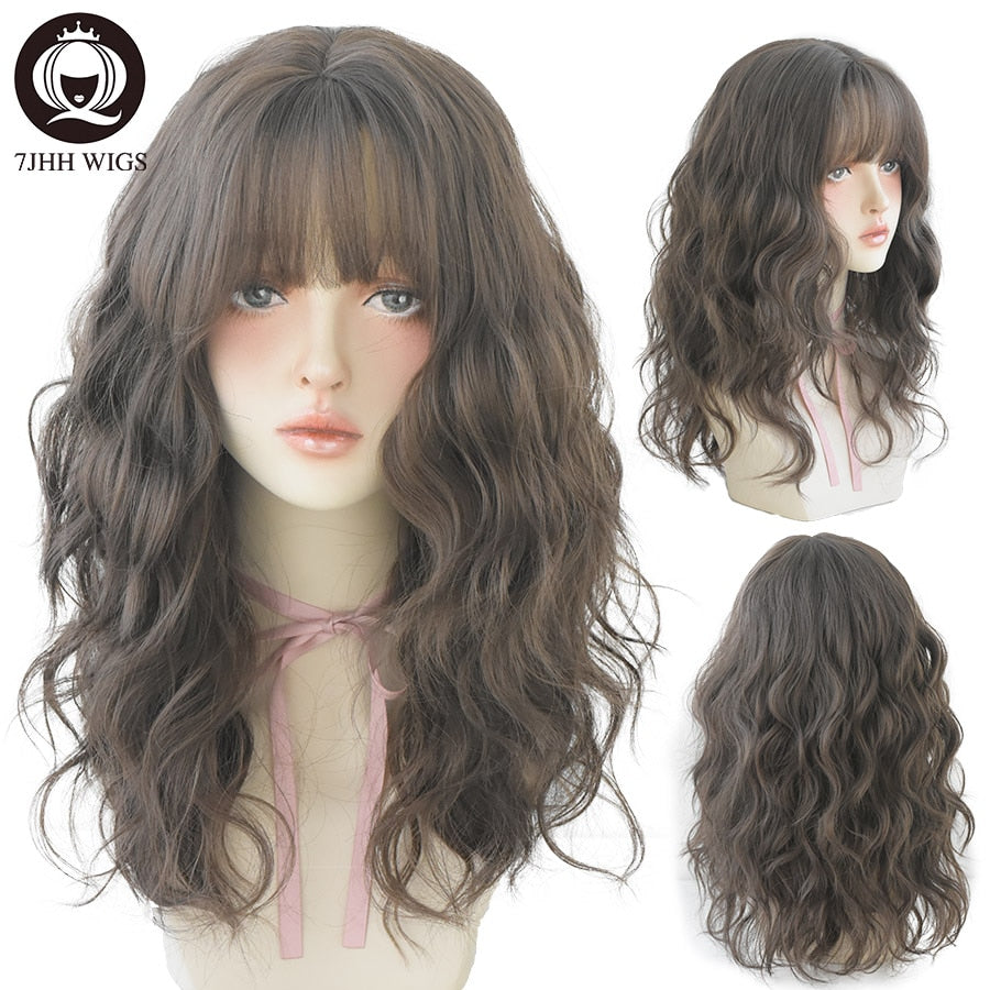 Blue Deep Wave Wig With Bangs Long Omber Brown Hair Layered Heat Resistant Cosplay Party Synthetic Wig
