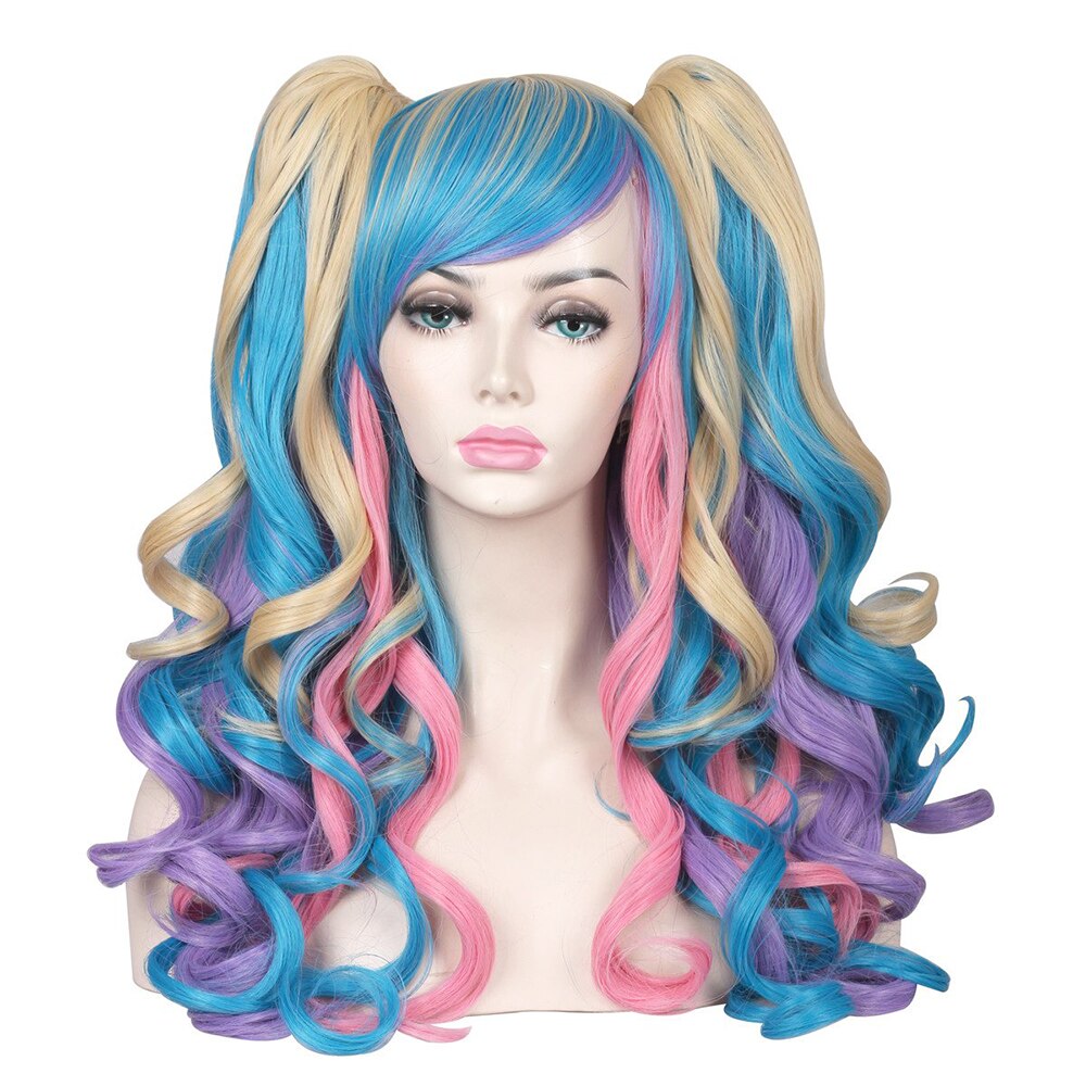 Long Curly Hair Ponytail Lolita Cosplay Lady Synthetic Wig Double Ponytail Detachable Black Gold Pink Purple Gradient Wig