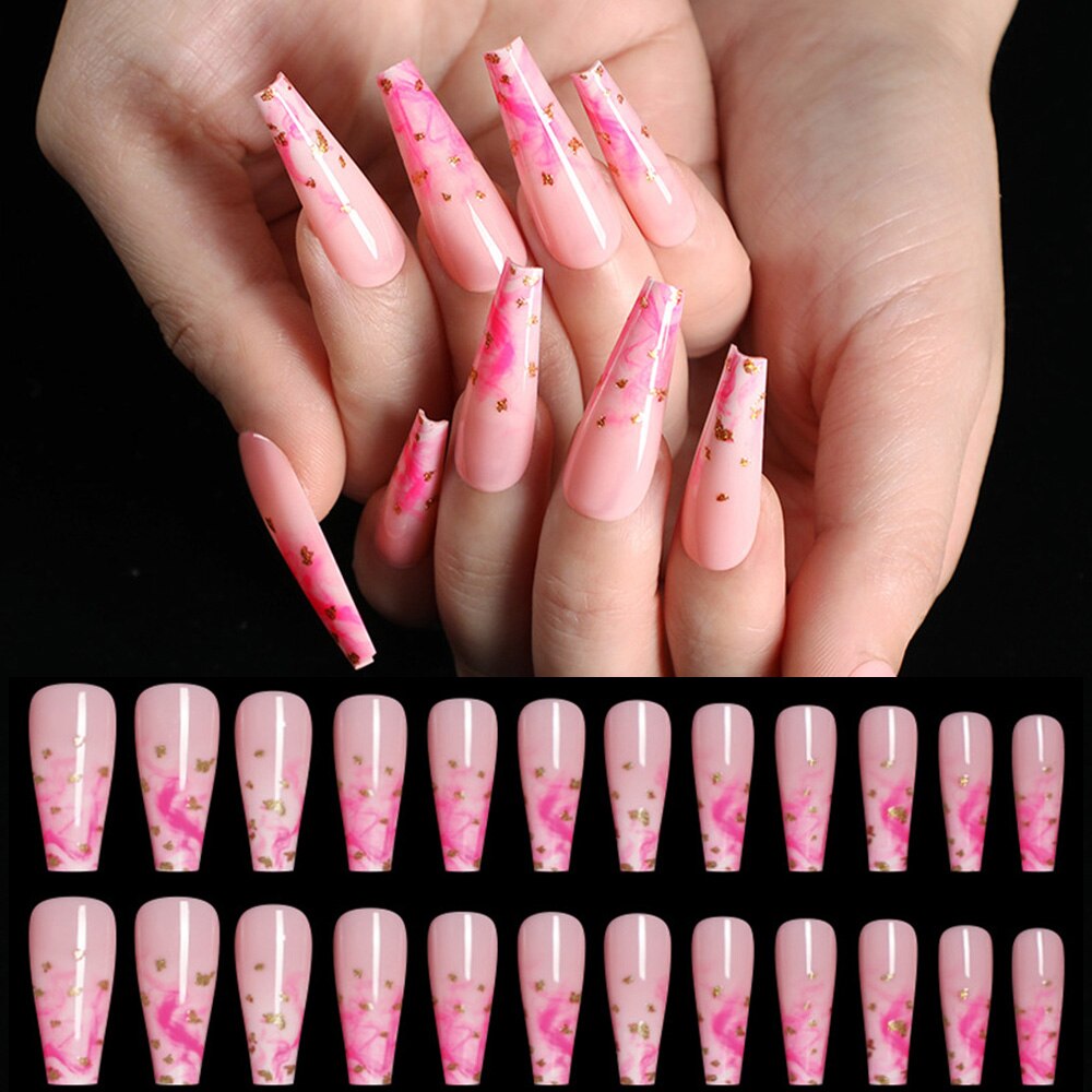 24/30Pcs Pink Leopard Designs False Nails French Long Coffin Fake Nail Artificial Full Cover Nail Art Tips Press on Nail