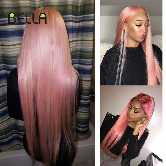 Bella Pink Color Synthetic Lace Front Wig Long Straight Hair Wigs Middle Part Lace Full Head Braid Cosplay Pink Gray