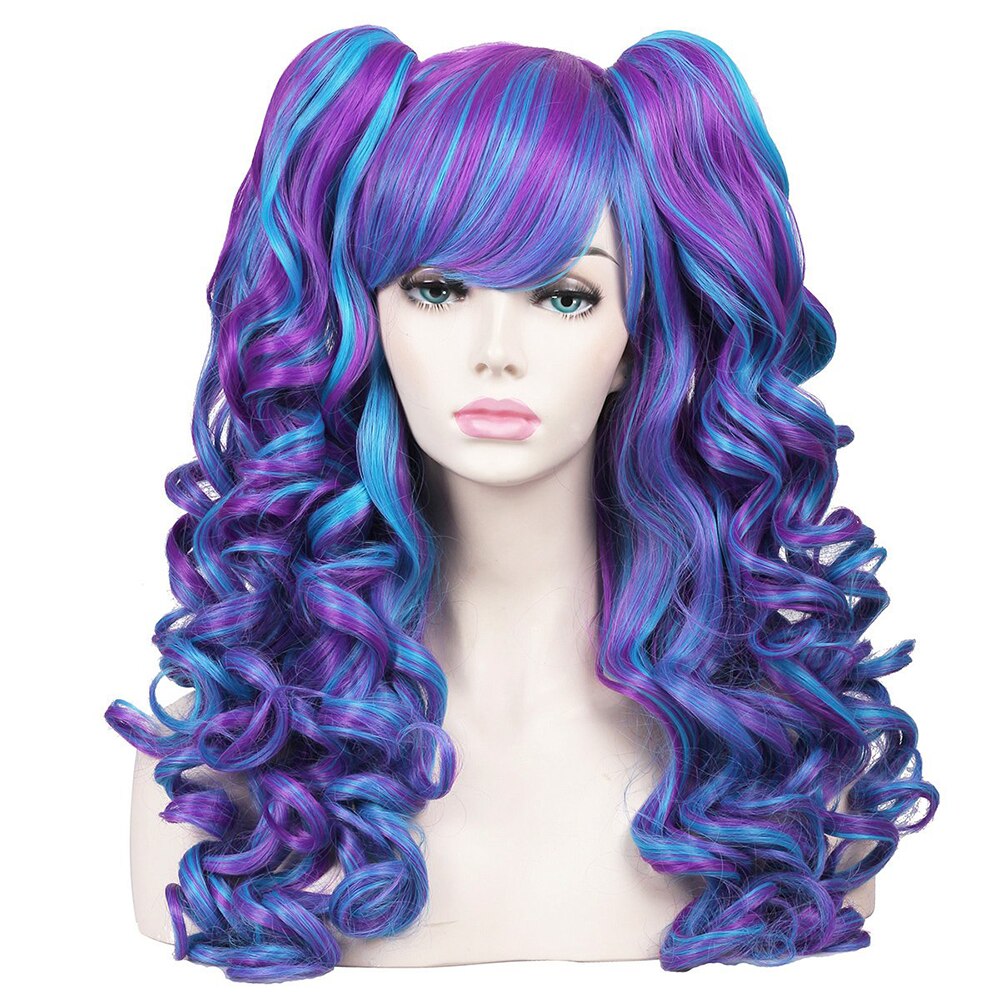 Long Curly Hair Ponytail Lolita Cosplay Lady Synthetic Wig Double Ponytail Detachable Black Gold Pink Purple Gradient Wig