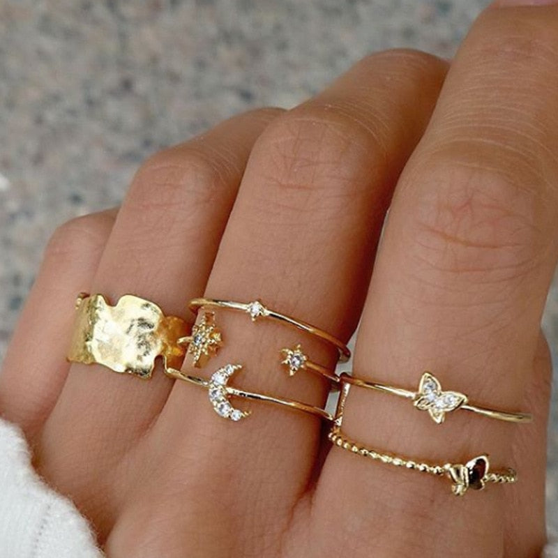 Bohemian Gold Chain Rings Set Boho Coin Snake Moon Star Rings Party Jewelry
