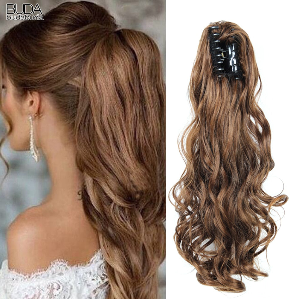 20Inch Short Curly Wavy Ponytail Hair Extensions Synthetic Claw On Hairpieces For Women Brown Black Color
