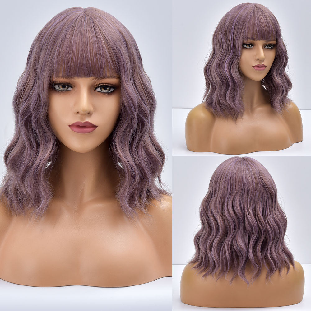 Purple Ombre Short Bob Body Wave Synthetic Wigs For Women Cosplay Wig With Bangs White Synthet Natural Hair Lolita Pelucas