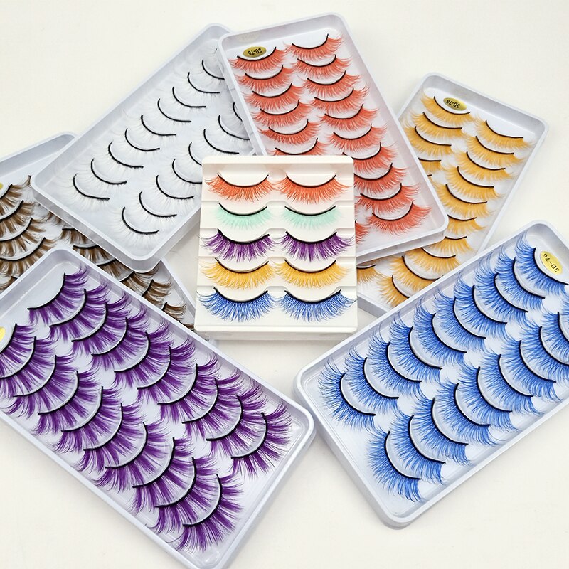 10Pairs Red Blue Brown White 3D Colored False Eyelashes Vegan Silk Makeup Rainbow Cilias Colorful Fake Lashes