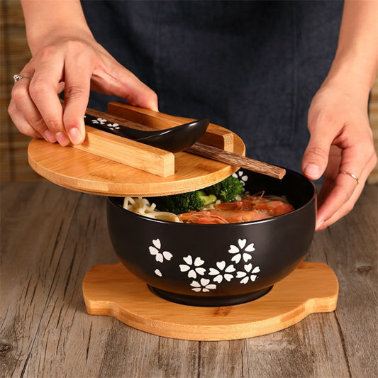 Japanese Style Bowl with Lid Spoon and Chopstick Kitchen Tableware Ceramic Salad Soup Bowl Food Container Dinnerware